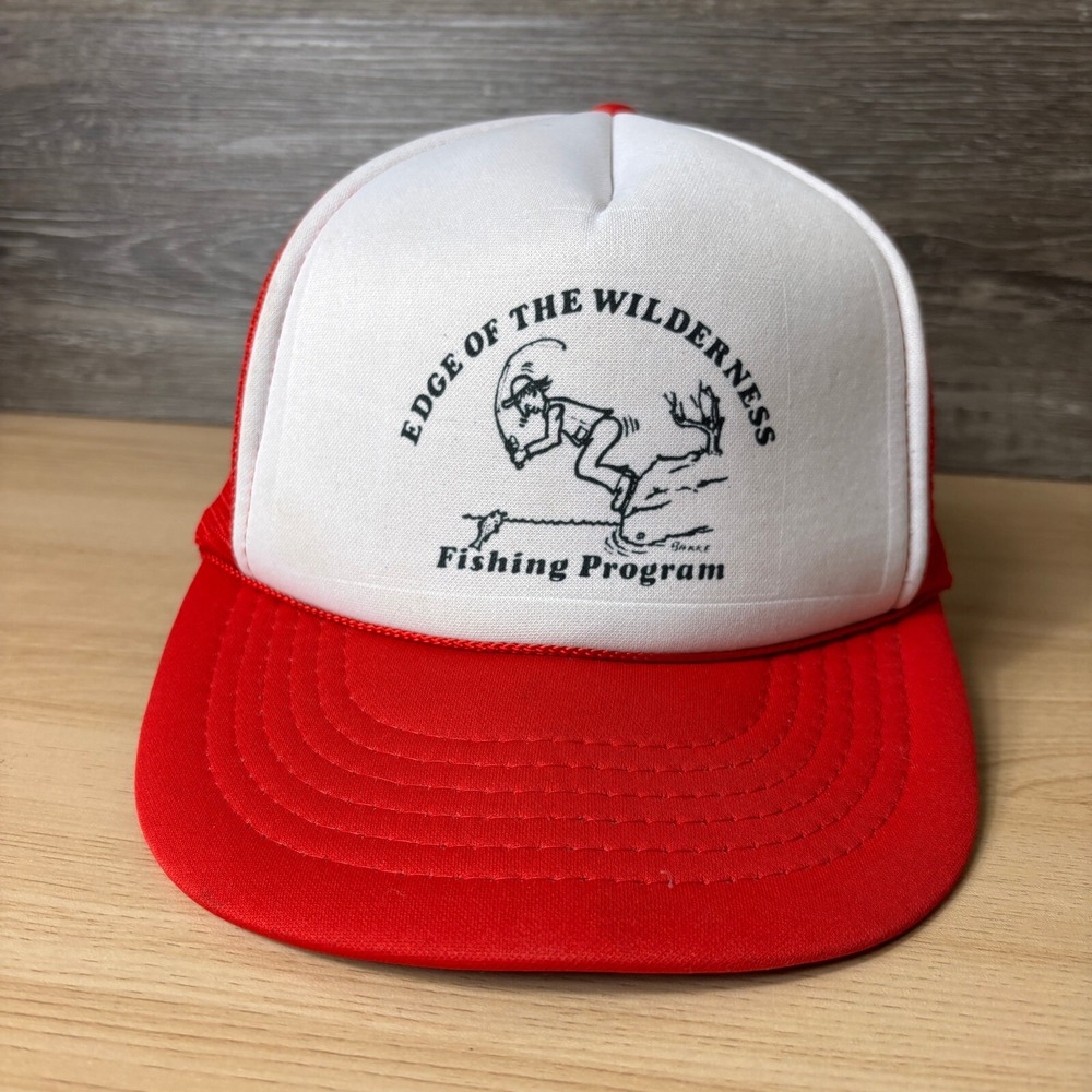 Vintage Edge Of The Wilderness Hat Cap Snapback Red Trucker Fish Fishing Program